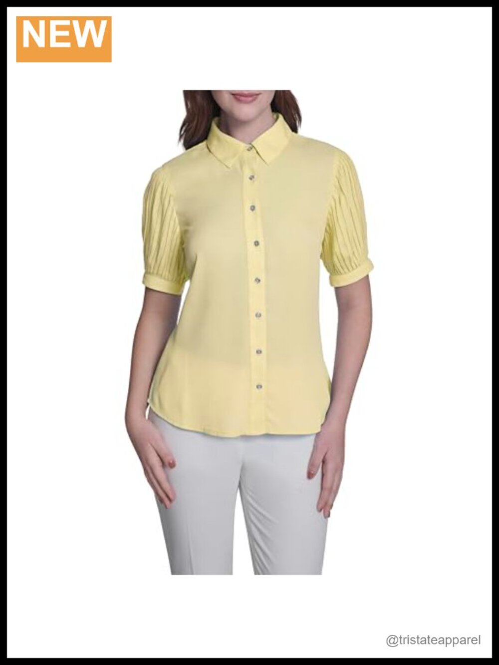 Tommy Hilfiger Women's Collared Neck Short Sleeve Button Up Pleated Sleeve Top,